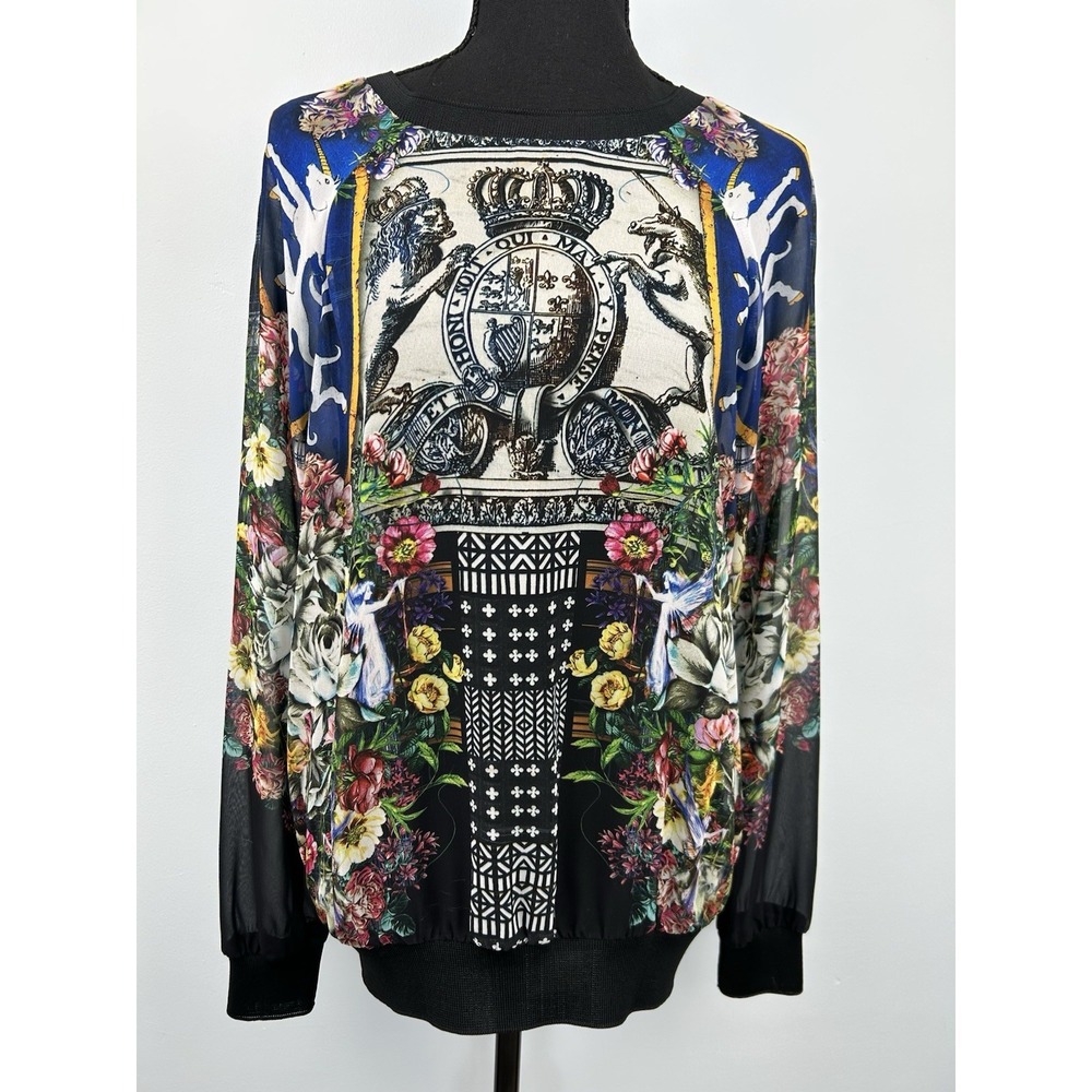 Clover Canyon 100% Polyester Multicolor Floral Angels Lions Sheer Tunic Blouse S